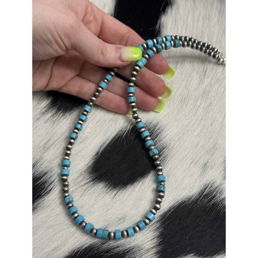 Native American Sterling Silver 5mm Navajo Pearl 6mm Turquoise HEISHI Necklace - Picture 4 of 9